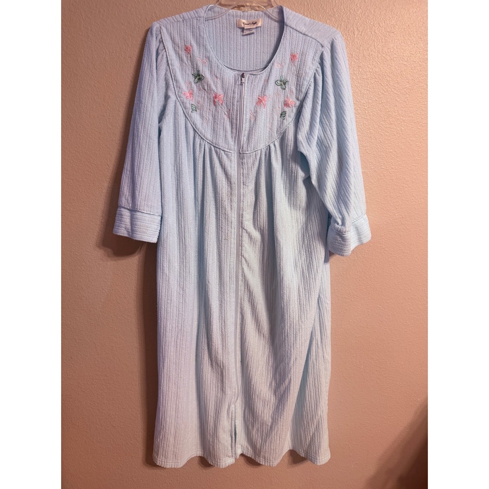 Casual‎ Night Womens Blue Zip Front Floral Embroidered House Dress Robe Medium
